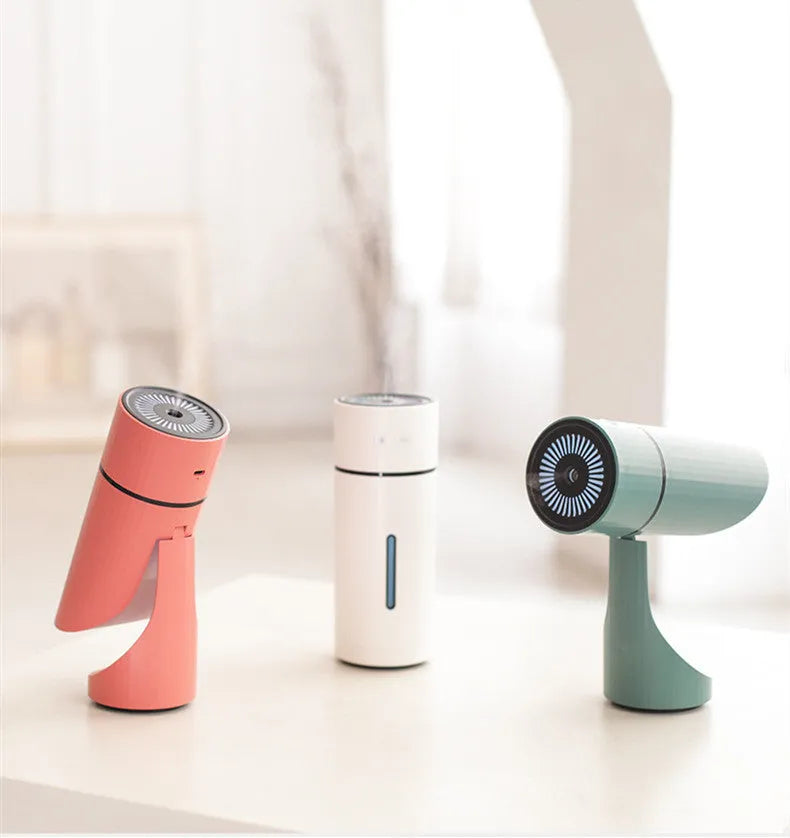 USB desktop humidifier with adjustable angle nozzle, white, with night light on, on a desk