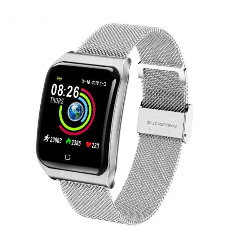 Smart bracelet with metal strap and colour screen showing heart rate data