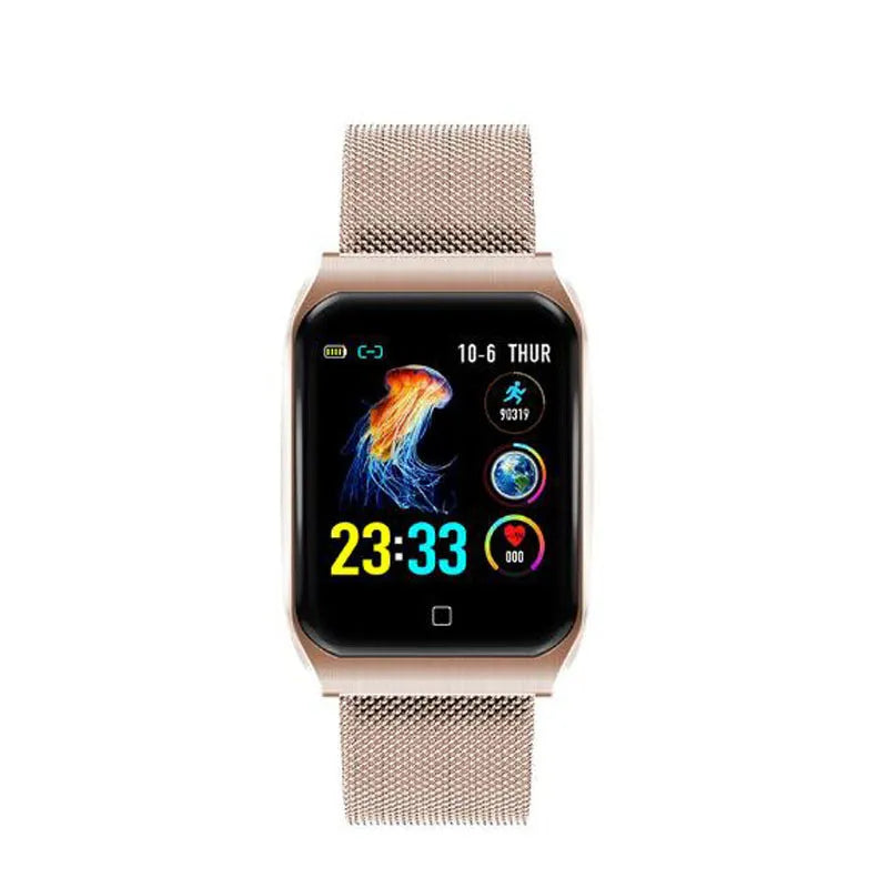 Smart bracelet with metal strap and colour screen showing heart rate data