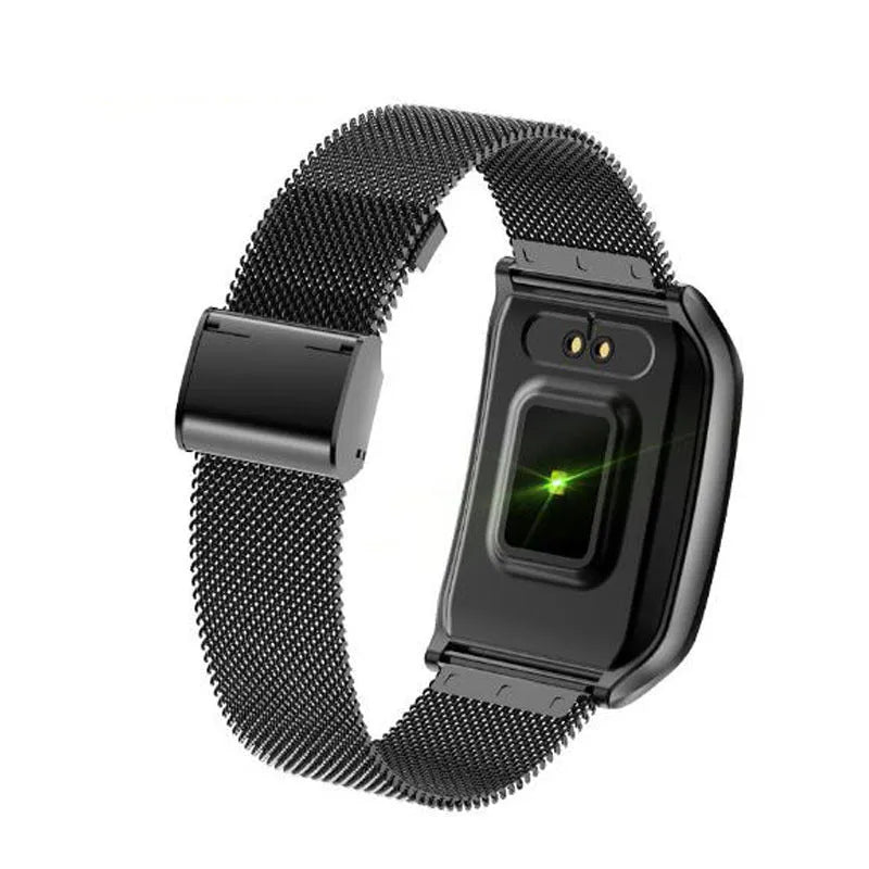 Smart bracelet with metal strap and colour screen showing heart rate data