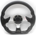 520mm multicolor PU racing steering wheel in black with red stitching on white background