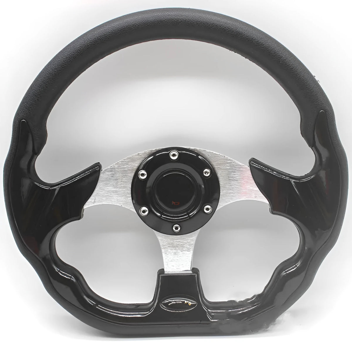 520mm multicolor PU racing steering wheel in black with red stitching on white background