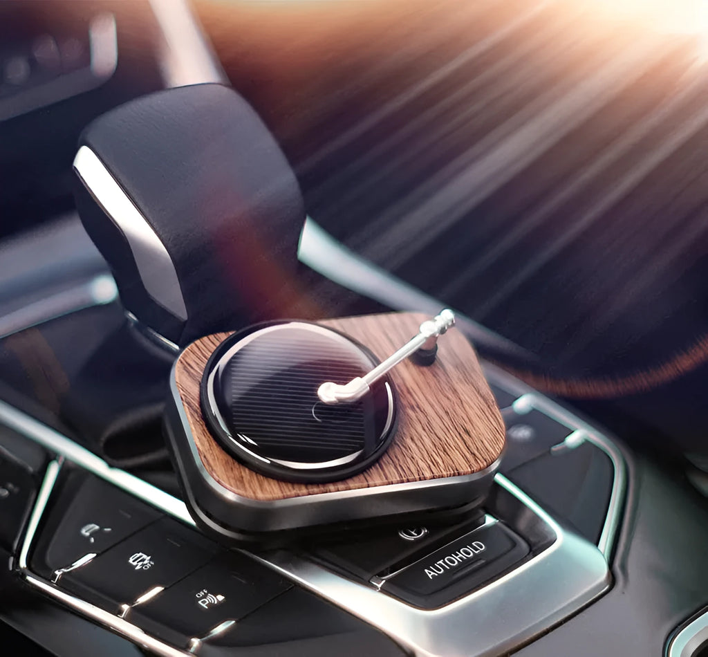 Solar rotating record player car air freshener with beech wood chips and silicone sticker in black, blue, grey, or red