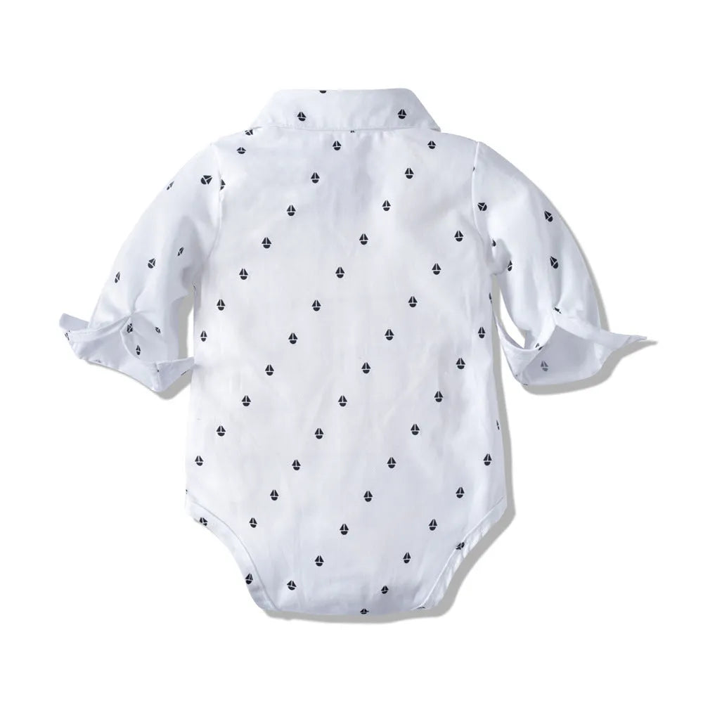 Boys' silver three piece suit with shirt collar and Y-belt, cotton spandex blend, sizes 59-100cm