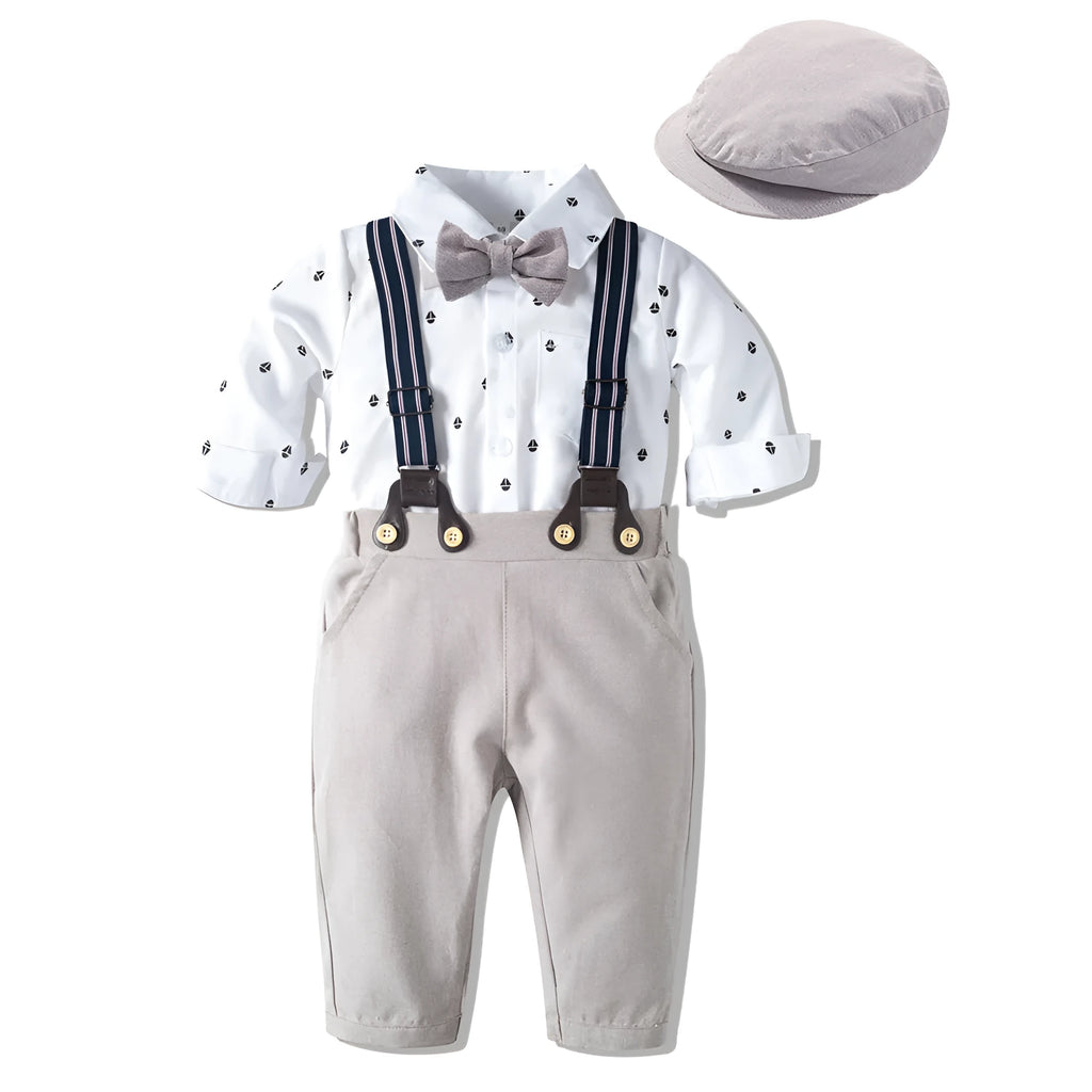 Boys' silver three piece suit with shirt collar and Y-belt, cotton spandex blend, sizes 59-100cm