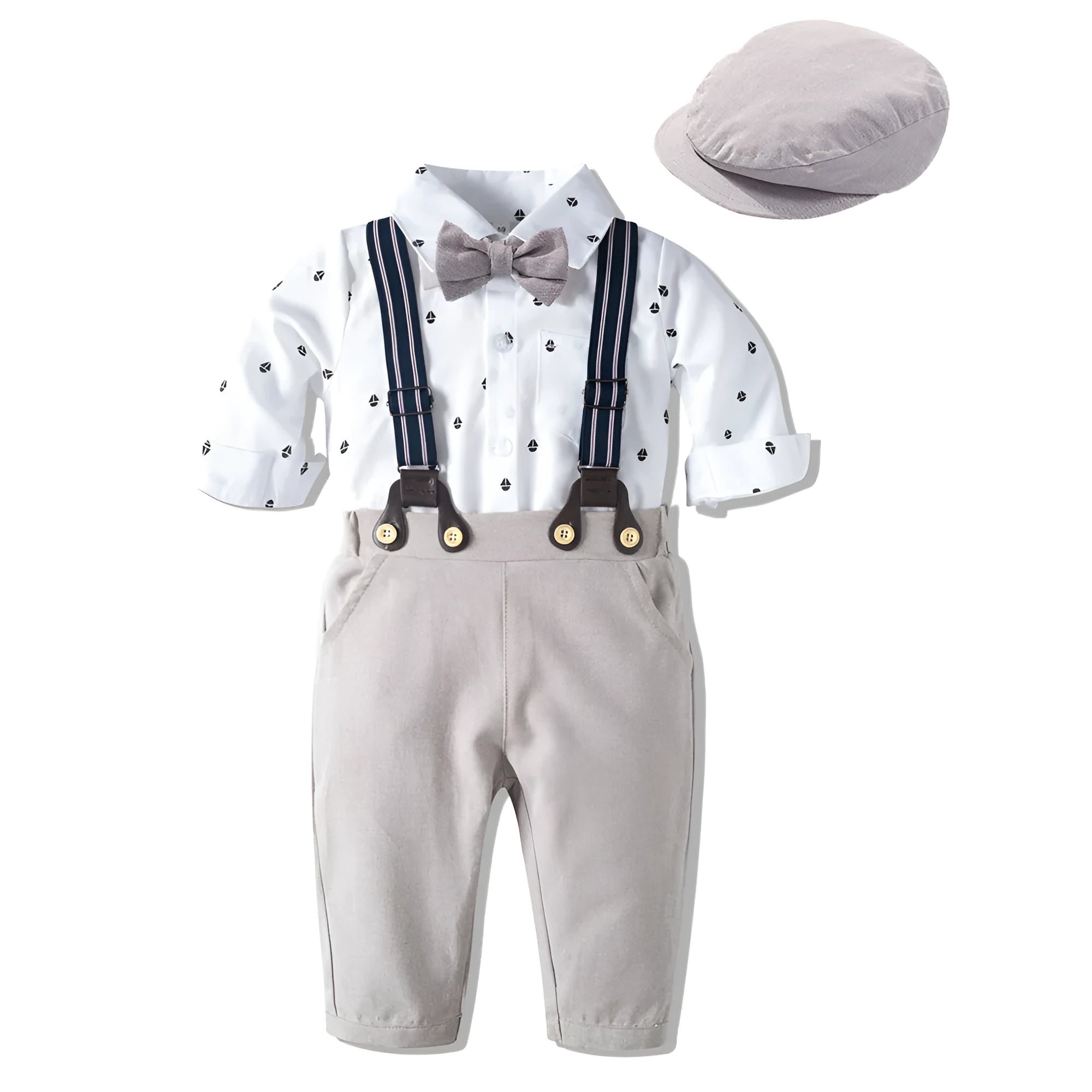 Boys' silver three piece suit with shirt collar and Y-belt, cotton spandex blend, sizes 59-100cm