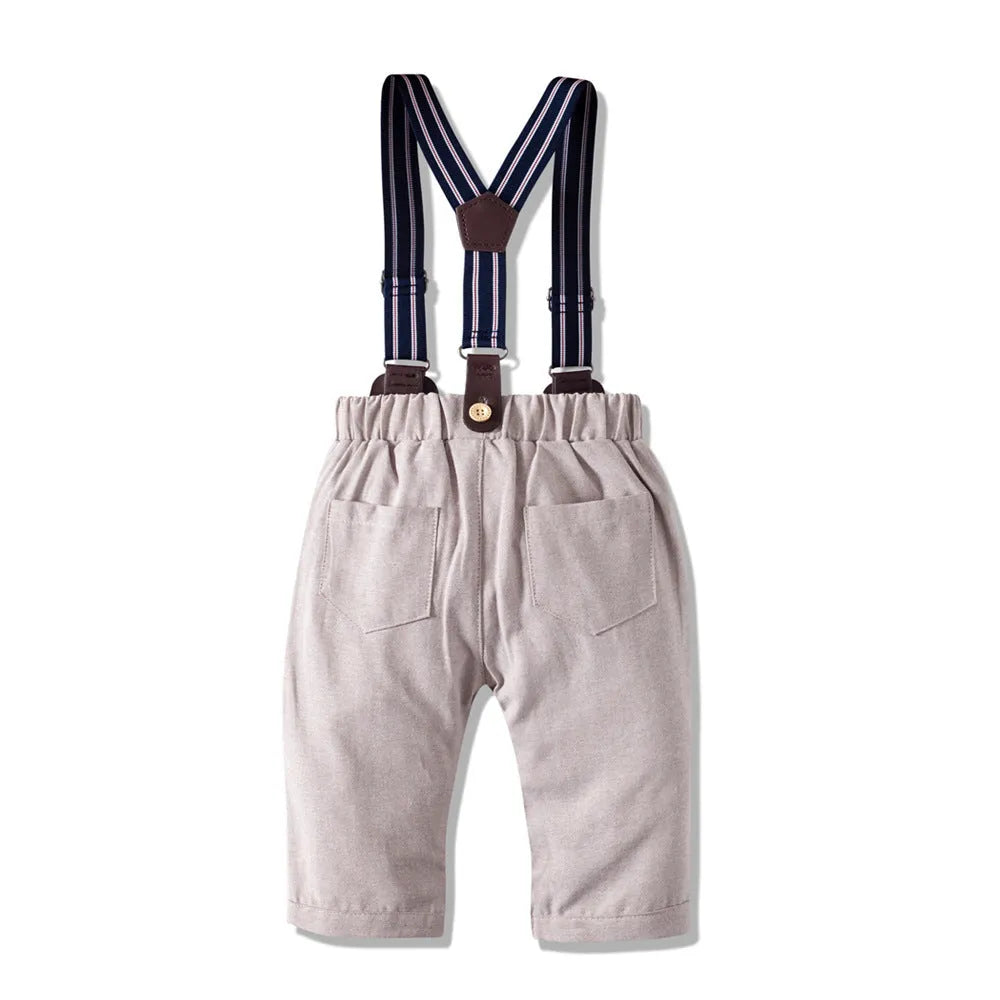 Boys' silver three piece suit with shirt collar and Y-belt, cotton spandex blend, sizes 59-100cm