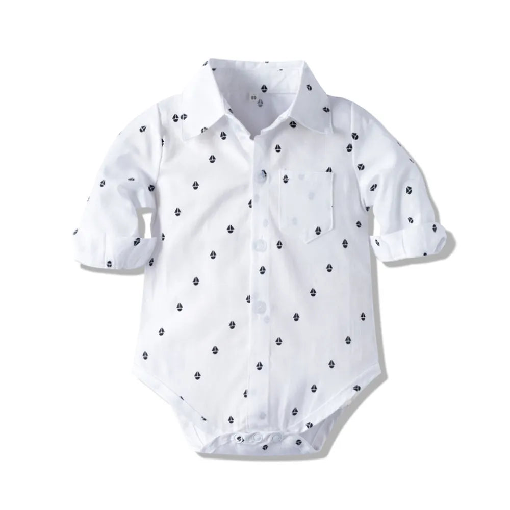 Boys' silver three piece suit with shirt collar and Y-belt, cotton spandex blend, sizes 59-100cm