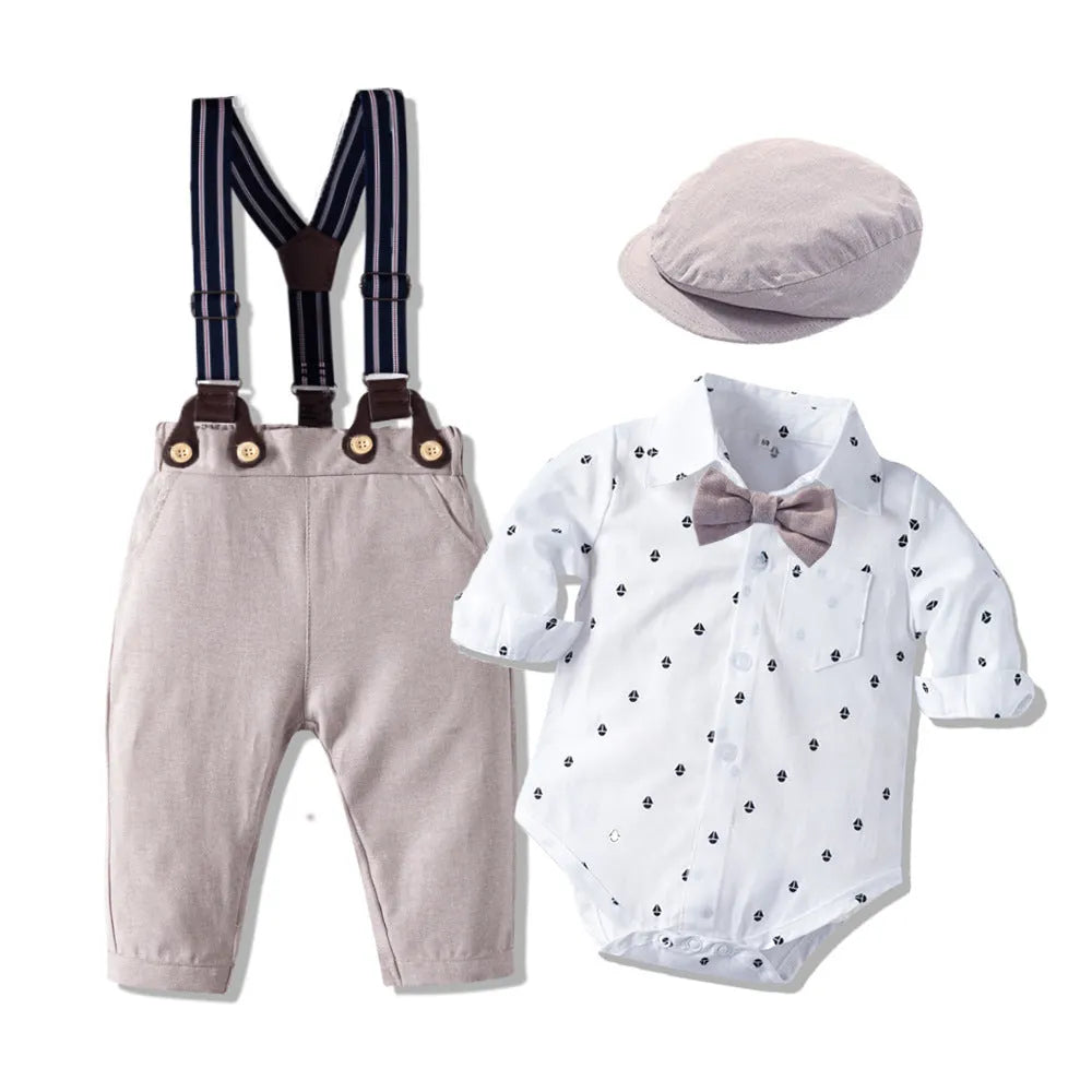 Boys' silver three piece suit with shirt collar and Y-belt, cotton spandex blend, sizes 59-100cm