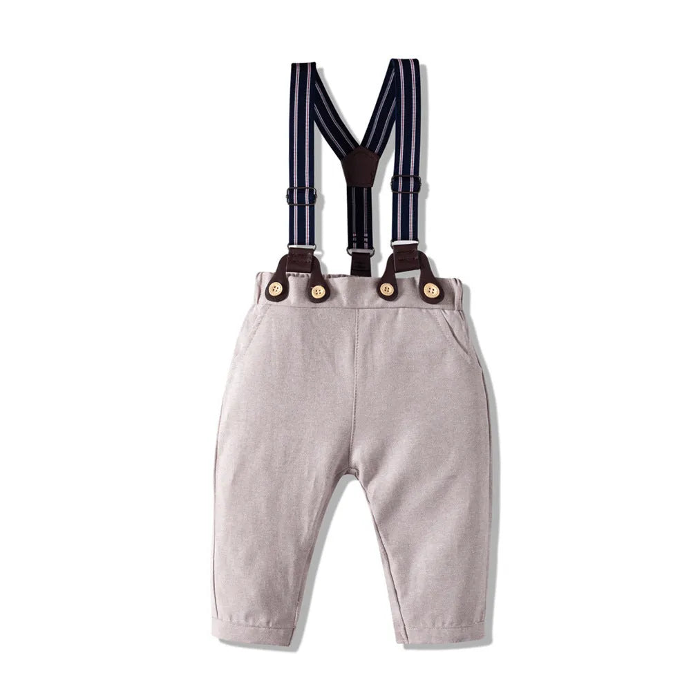 Boys' silver three piece suit with shirt collar and Y-belt, cotton spandex blend, sizes 59-100cm