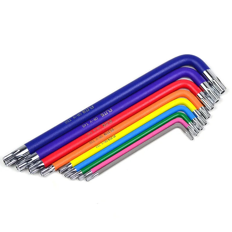 Hexagonal screwdriver torx inner hexagonal L-shaped wrench set with colour-coded plastic sleeve and black laser surface treatment