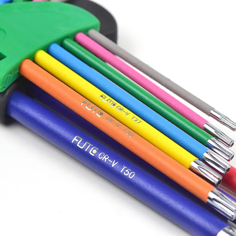 Hexagonal screwdriver torx inner hexagonal L-shaped wrench set with colour-coded plastic sleeve and black laser surface treatment