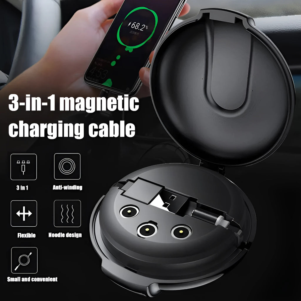 Black 3-in-1 magnetic retractable phone charger and car holder with extended cable