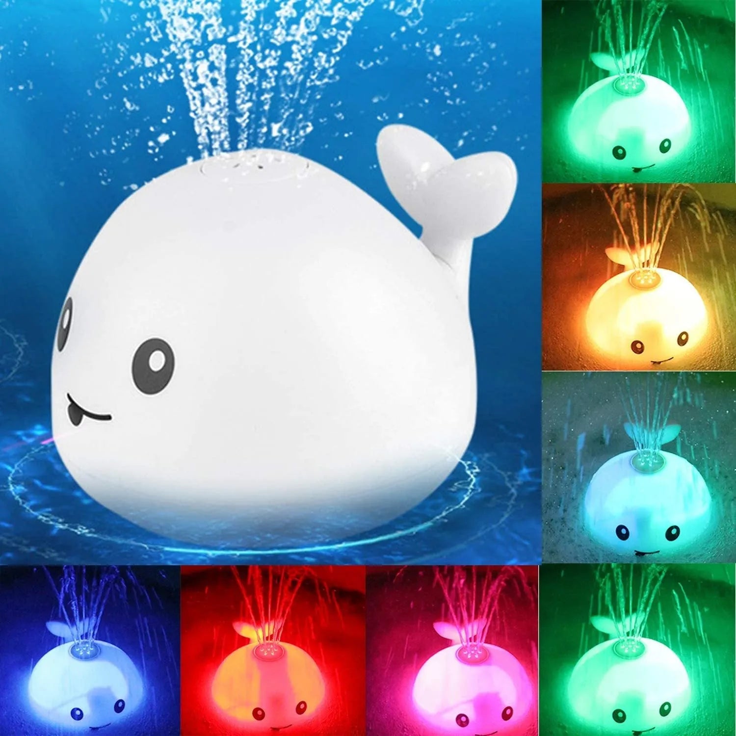 Automatic water spray whale bath toy with lights on a blue base.