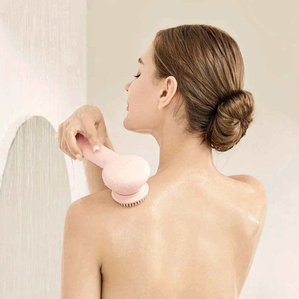 Grey electric shower brush with four rotating heads for back cleansing and massage