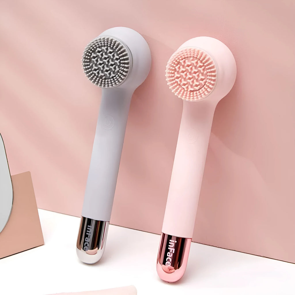 Grey electric shower brush with four rotating heads for back cleansing and massage
