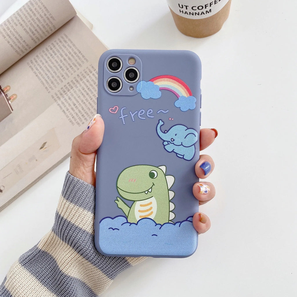 Blue frosted TPU iPhone case with a cartoon dinosaur print on the back.