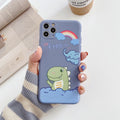Blue frosted TPU iPhone case with a cartoon dinosaur print on the back.