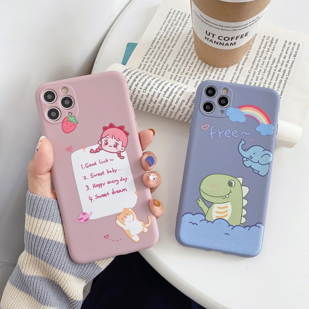 Blue frosted TPU iPhone case with a cartoon dinosaur print on the back.
