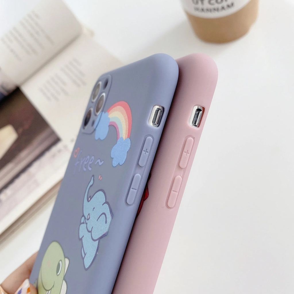 Blue frosted TPU iPhone case with a cartoon dinosaur print on the back.