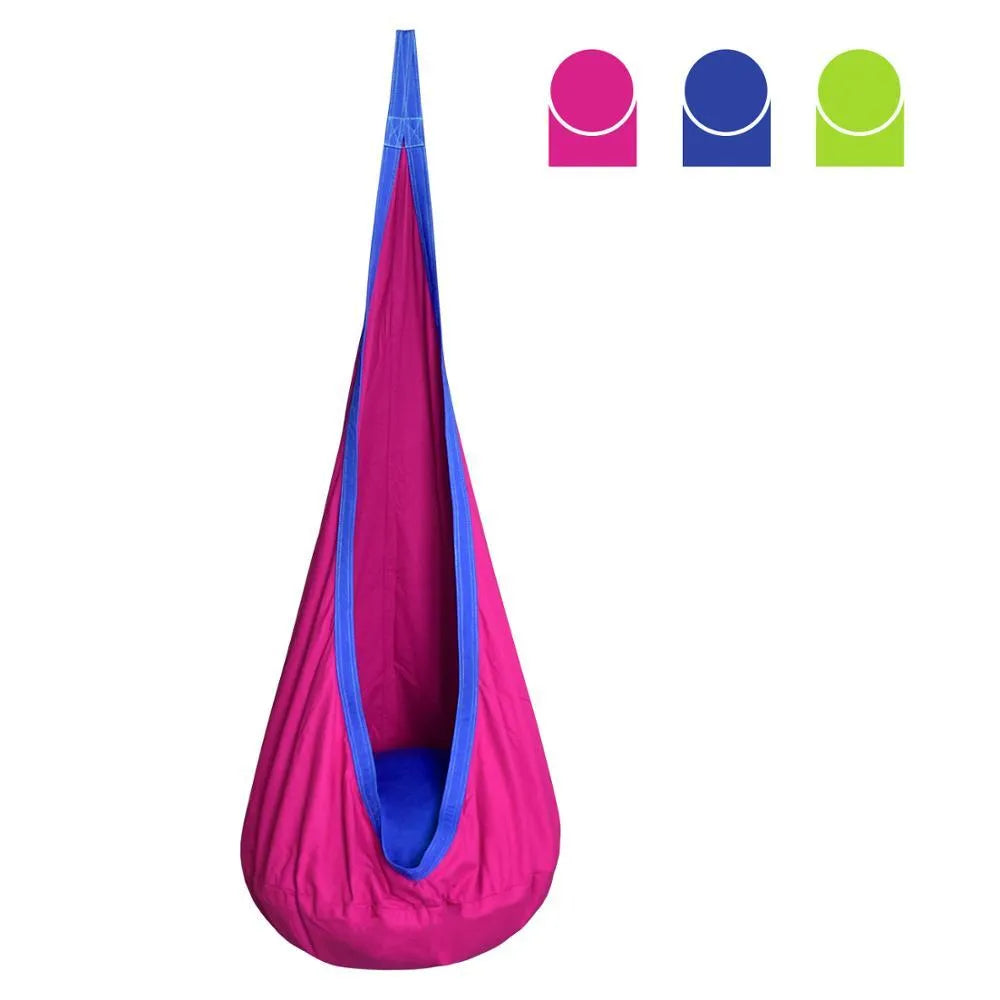 Cotton pod swing chair in green or rose red, hanging seat for indoor outdoor use, holds up to 100kg