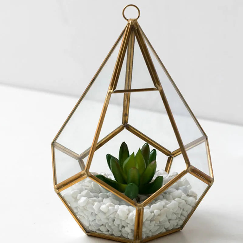 Metal and glass succulent terrarium planter with golden heart or Chinese calligraphy decoration