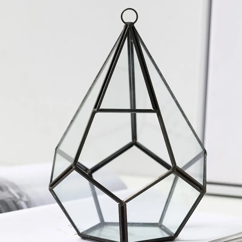 Metal and glass succulent terrarium planter with golden heart or Chinese calligraphy decoration