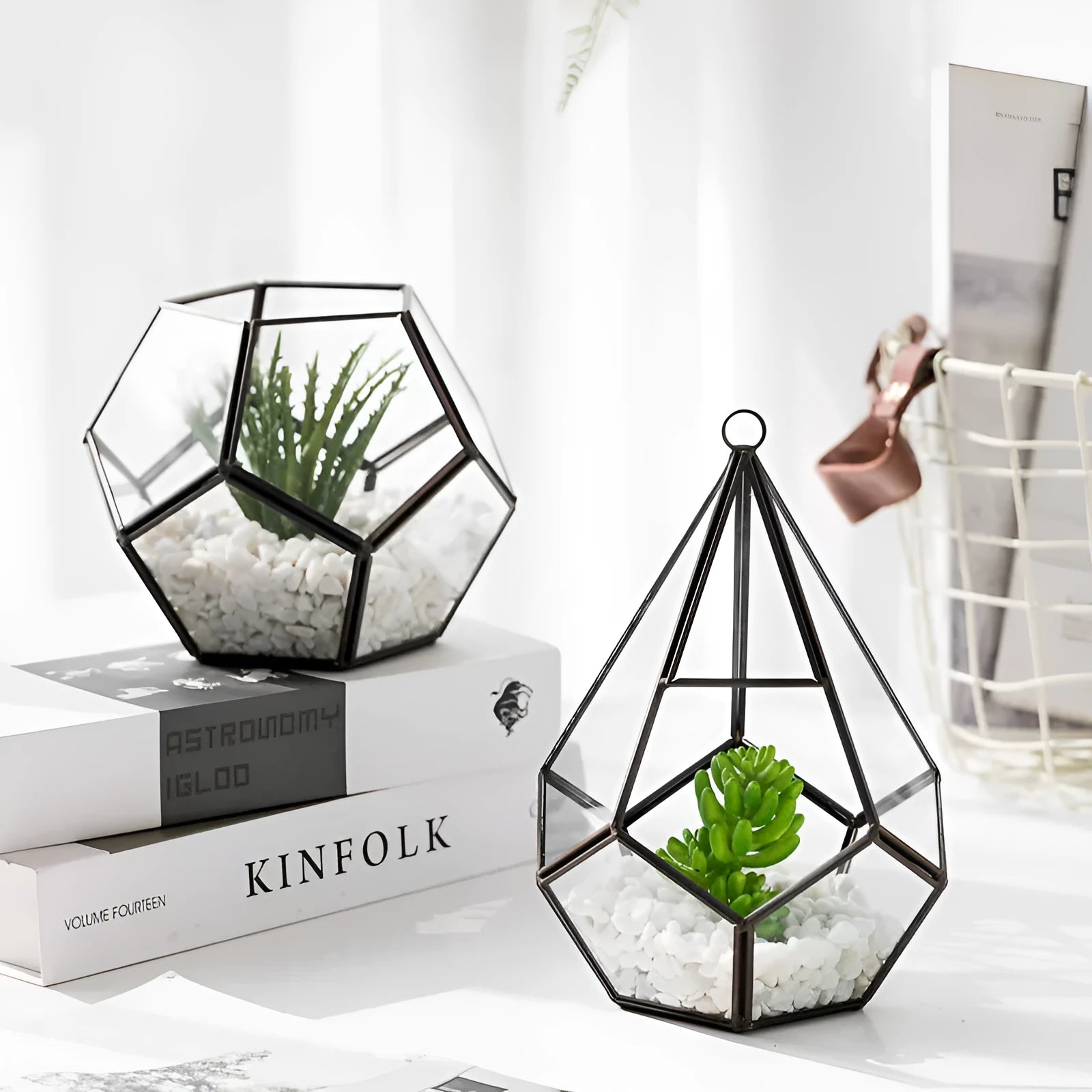 Metal and glass succulent terrarium planter with golden heart or Chinese calligraphy decoration