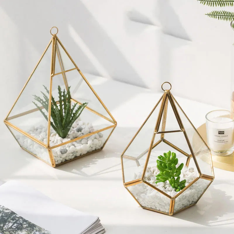 Metal and glass succulent terrarium planter with golden heart or Chinese calligraphy decoration