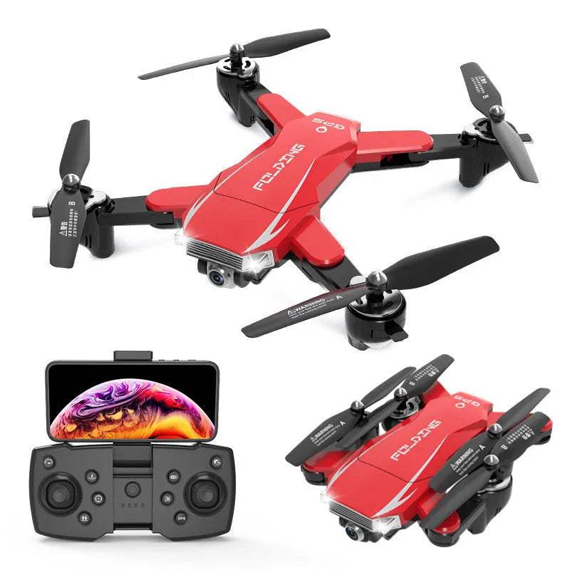 Black and red folding quadcopter drone with 4K camera for children's aerial photography