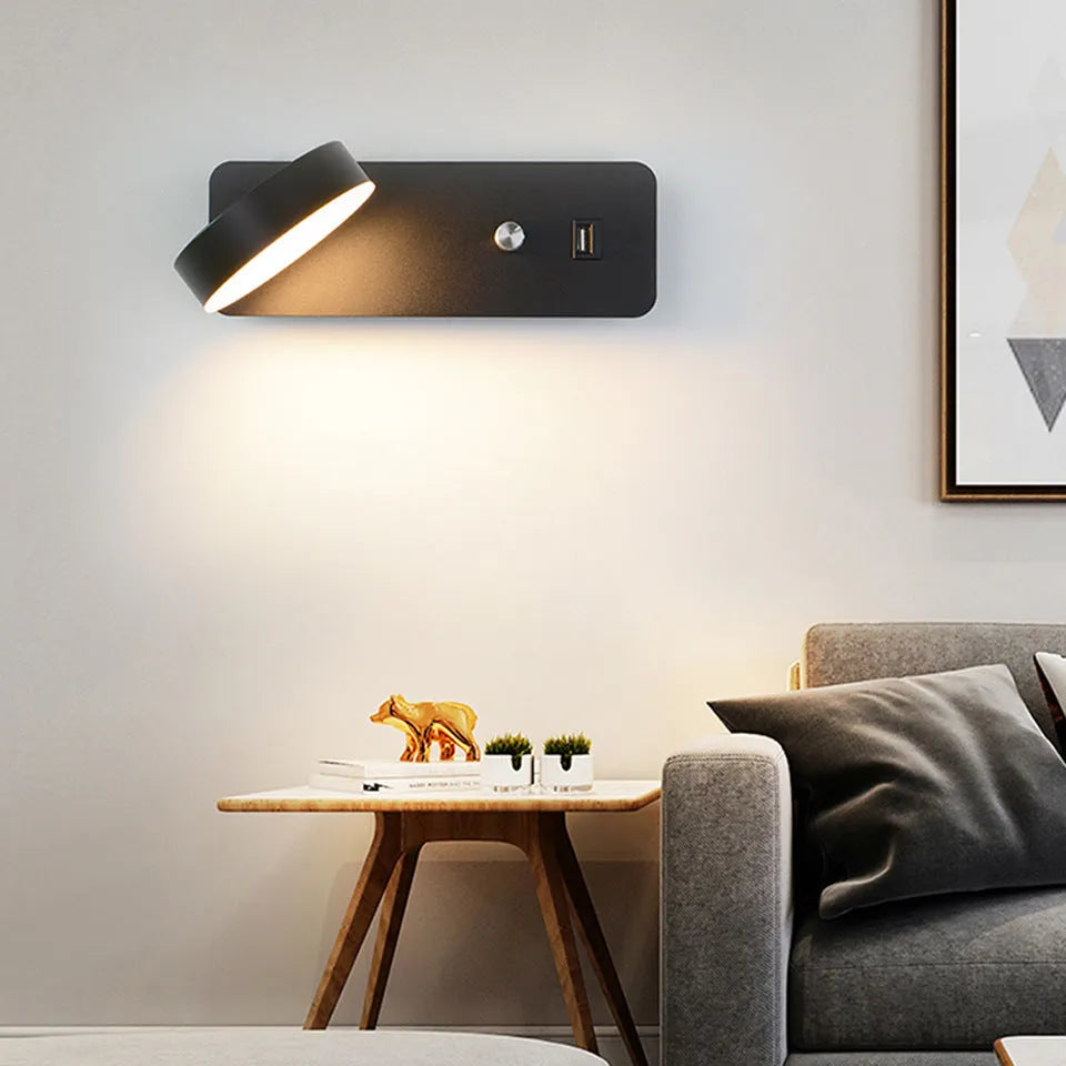 Modern square LED wall lamp with acrylic shade showing rotating adjustment and dimming control