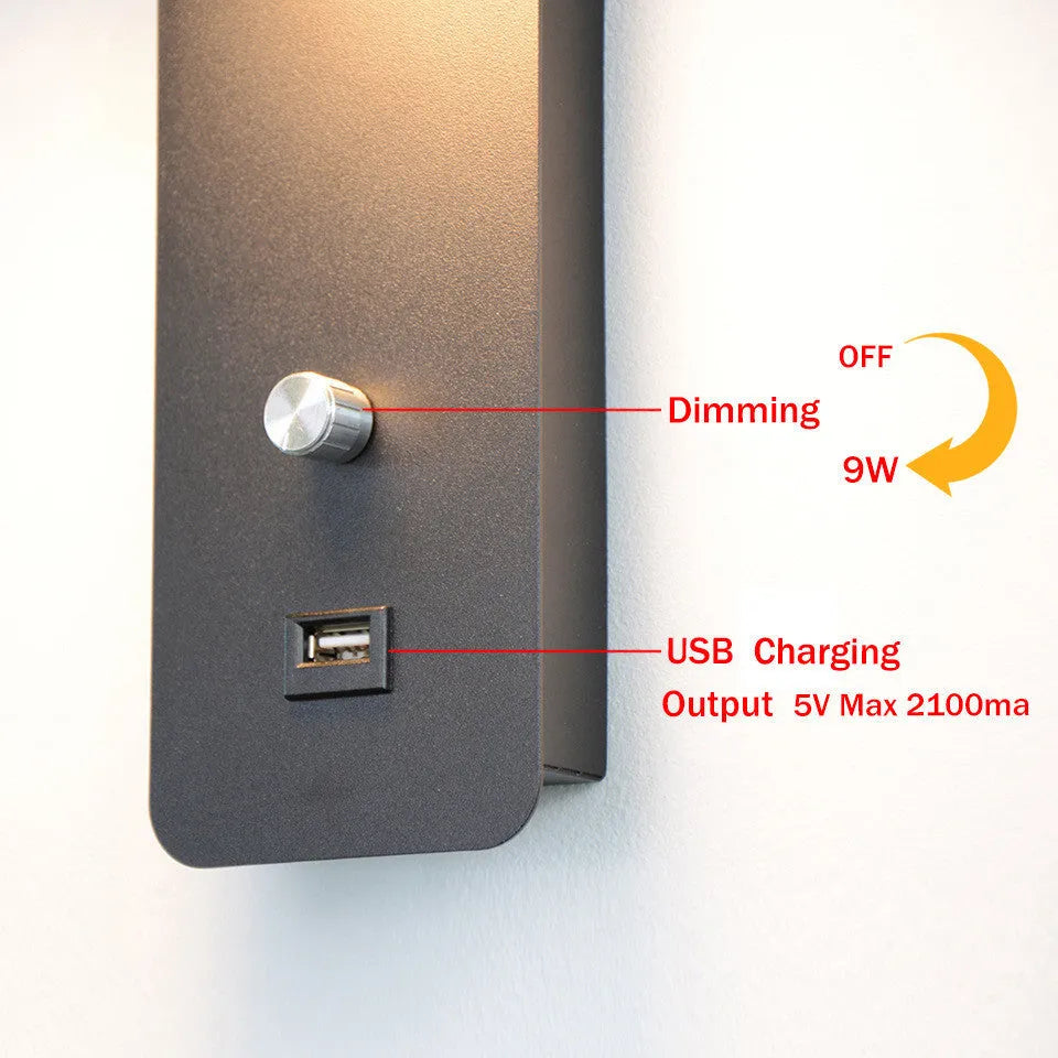 Modern square LED wall lamp with acrylic shade showing rotating adjustment and dimming control