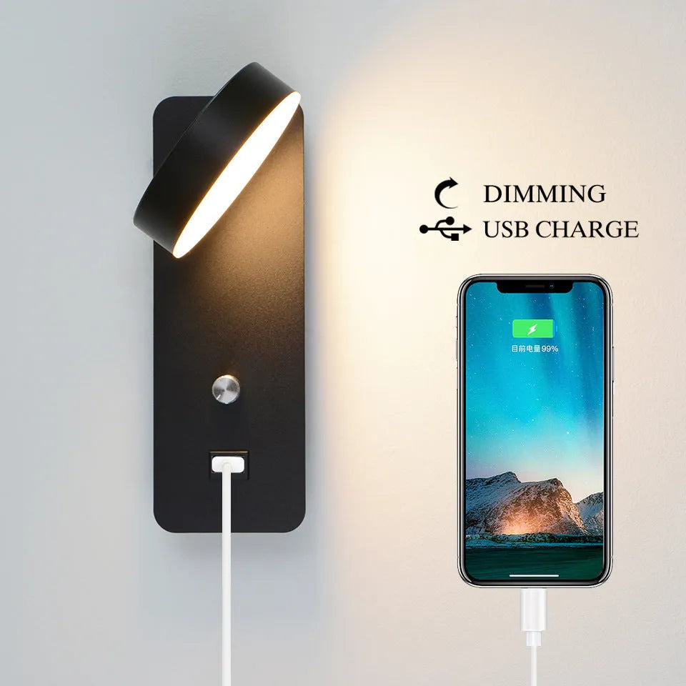 Modern square LED wall lamp with acrylic shade showing rotating adjustment and dimming control
