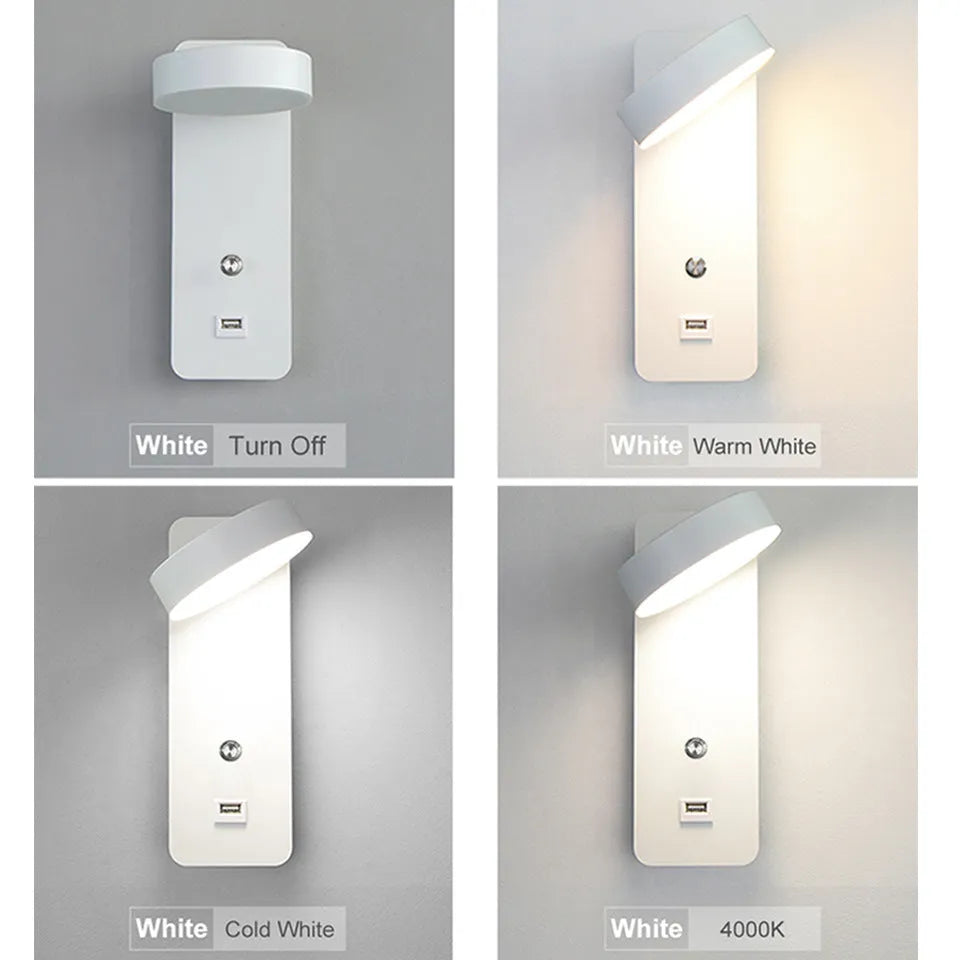 Modern square LED wall lamp with acrylic shade showing rotating adjustment and dimming control