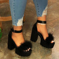 Fluffy platform heels with round toe, PU upper and waterproof rubber sole in black, bronze or pink