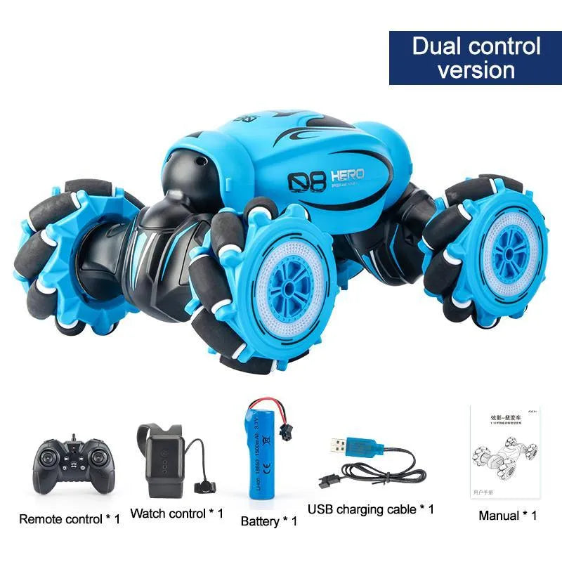 D876 blue gesture-sensing remote control car with transformation feature and somatosensory remote on a table.