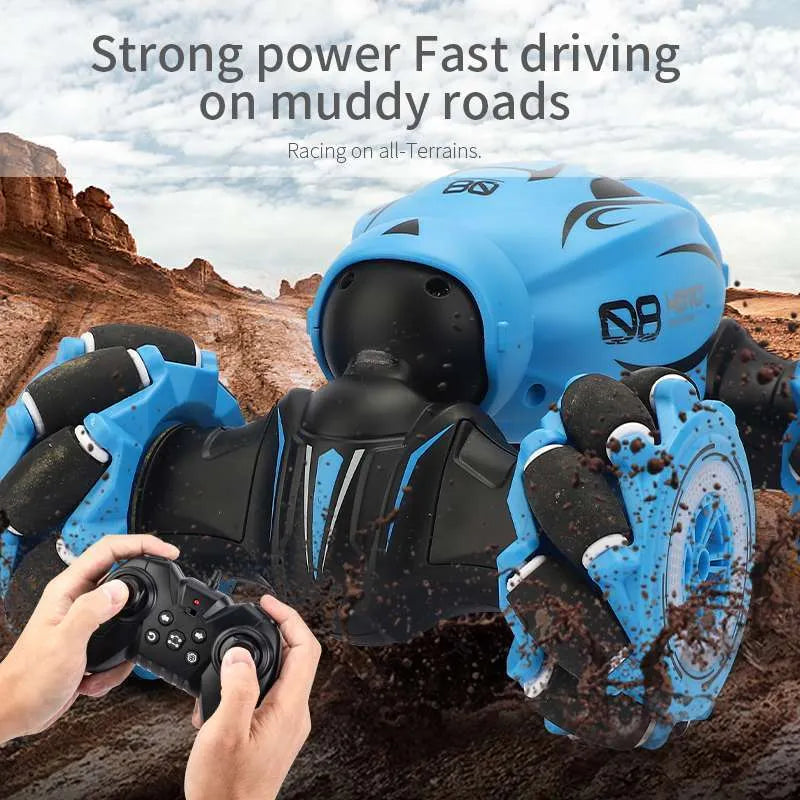 D876 blue gesture-sensing remote control car with transformation feature and somatosensory remote on a table.