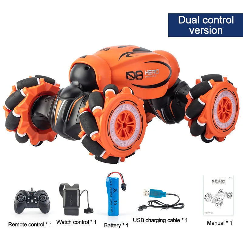 D876 blue gesture-sensing remote control car with transformation feature and somatosensory remote on a table.