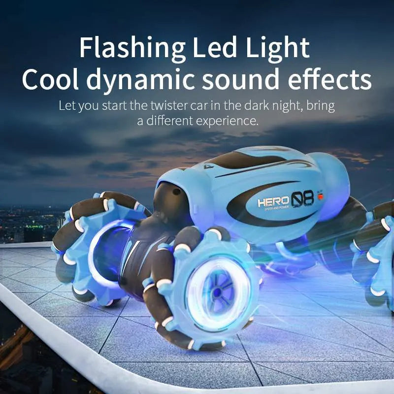 D876 blue gesture-sensing remote control car with transformation feature and somatosensory remote on a table.