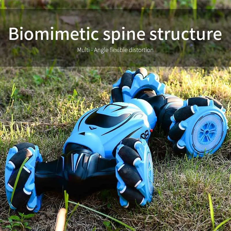 D876 blue gesture-sensing remote control car with transformation feature and somatosensory remote on a table.