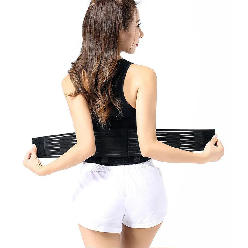 A beige and black self-heating magnetic waist support belt for lumbar muscle strain, showing elastic cloth material.