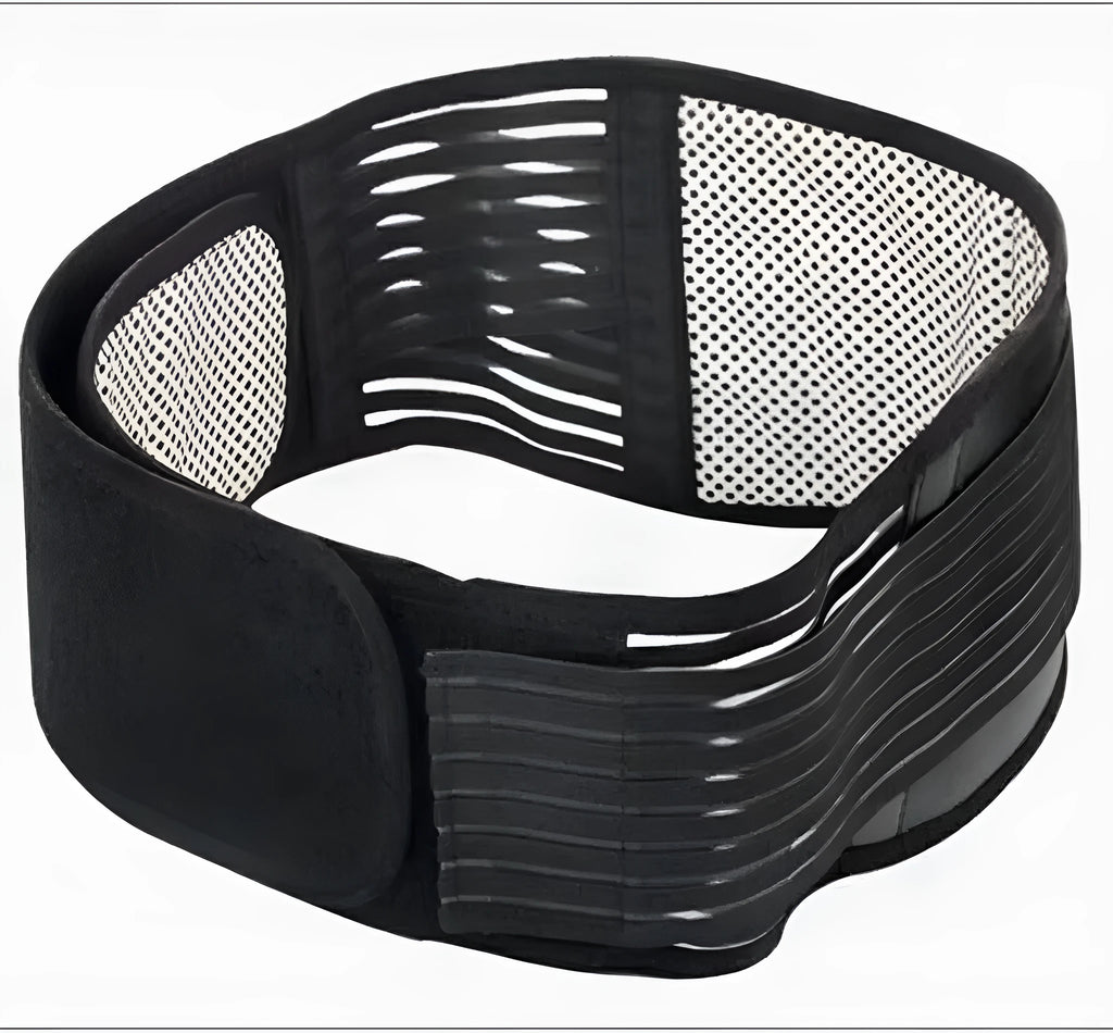 A beige and black self-heating magnetic waist support belt for lumbar muscle strain, showing elastic cloth material.