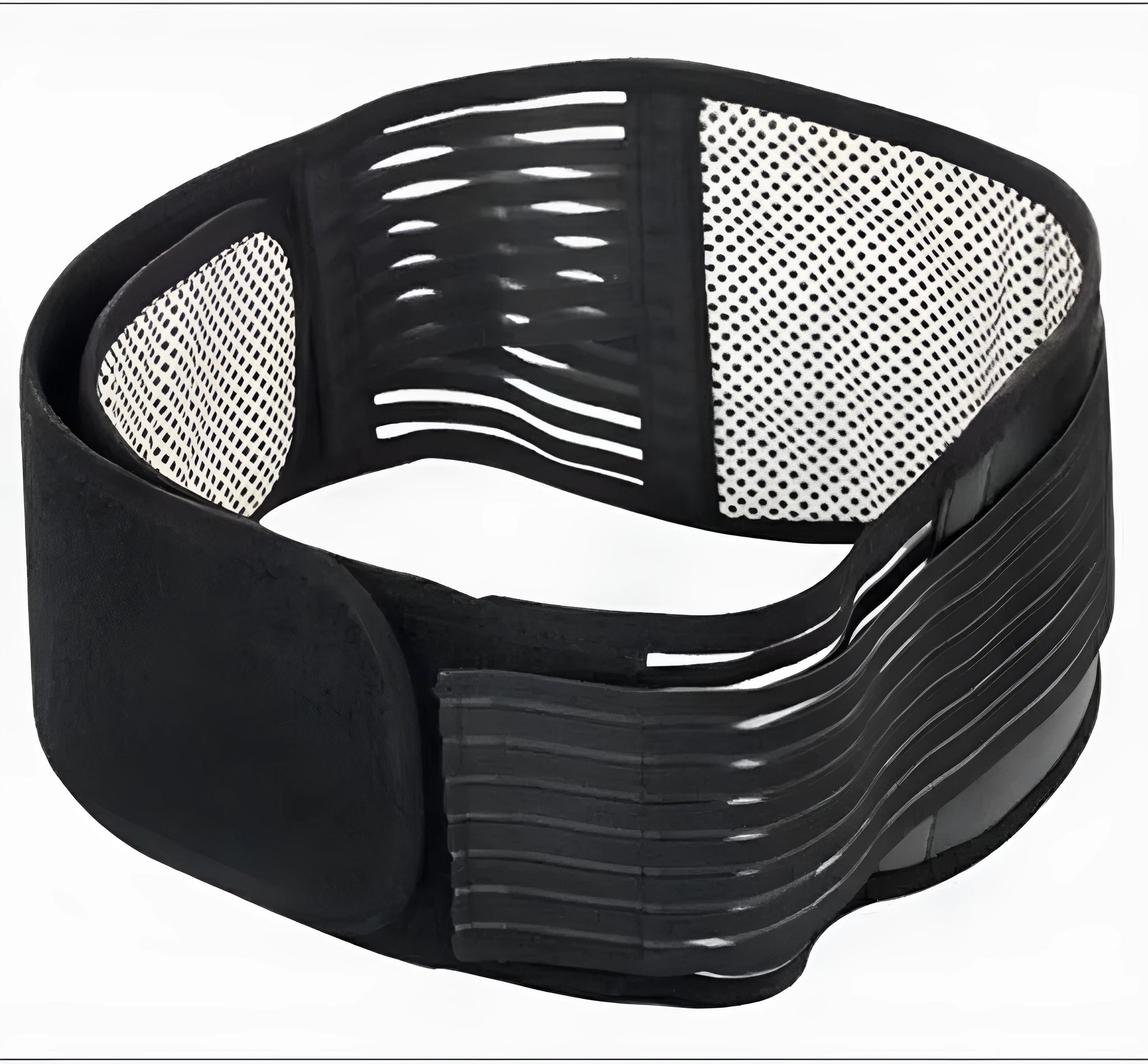 A beige and black self-heating magnetic waist support belt for lumbar muscle strain, showing elastic cloth material.