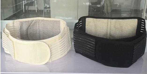 A beige and black self-heating magnetic waist support belt for lumbar muscle strain, showing elastic cloth material.