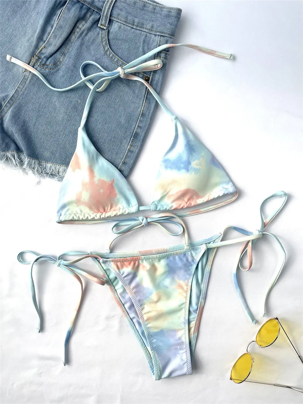 Ladies split swimsuit tie-dye bikini in colour 9944 with chest pad, polyester, two-piece set