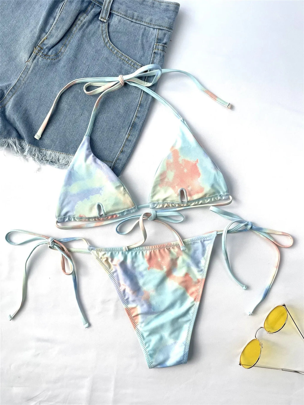 Ladies split swimsuit tie-dye bikini in colour 9944 with chest pad, polyester, two-piece set