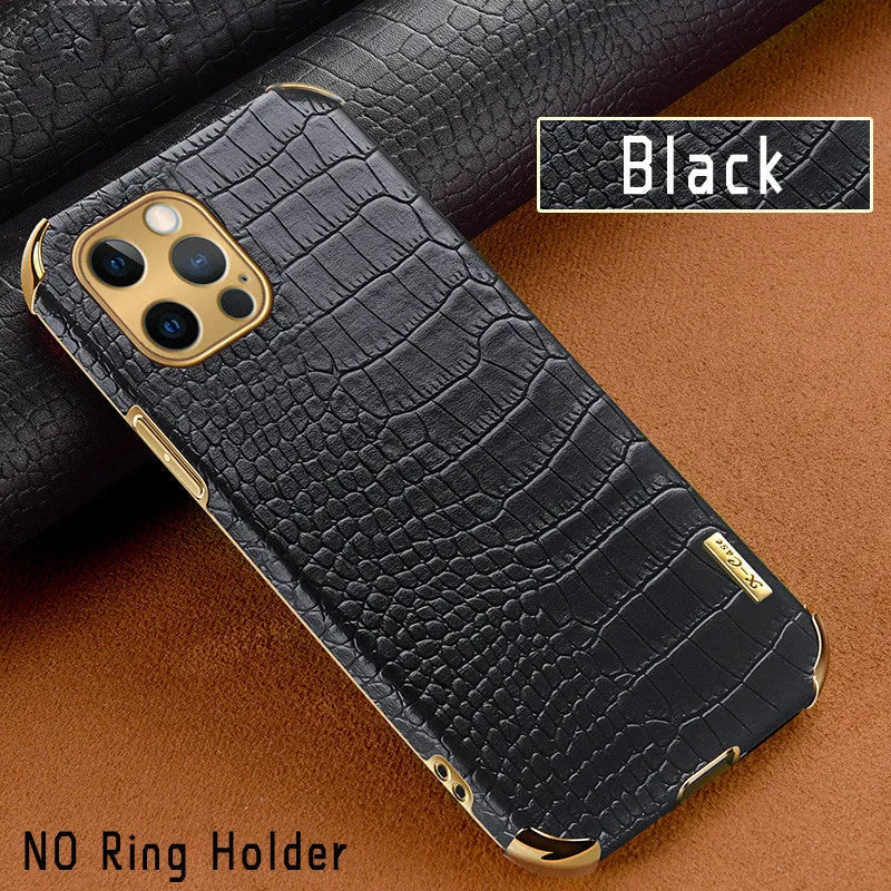 Crocodile pattern striped imitation leather back cover case for iPhone in black, green, red, yellow, and white colours.