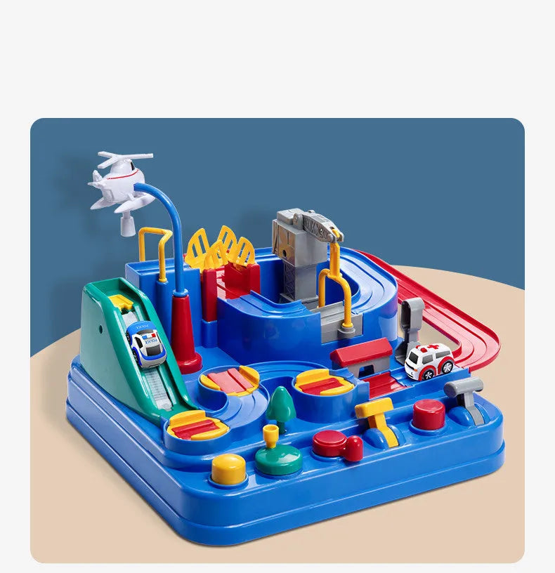 Children's plastic parking lot toy track with crane, conveyor belt, and included vehicles