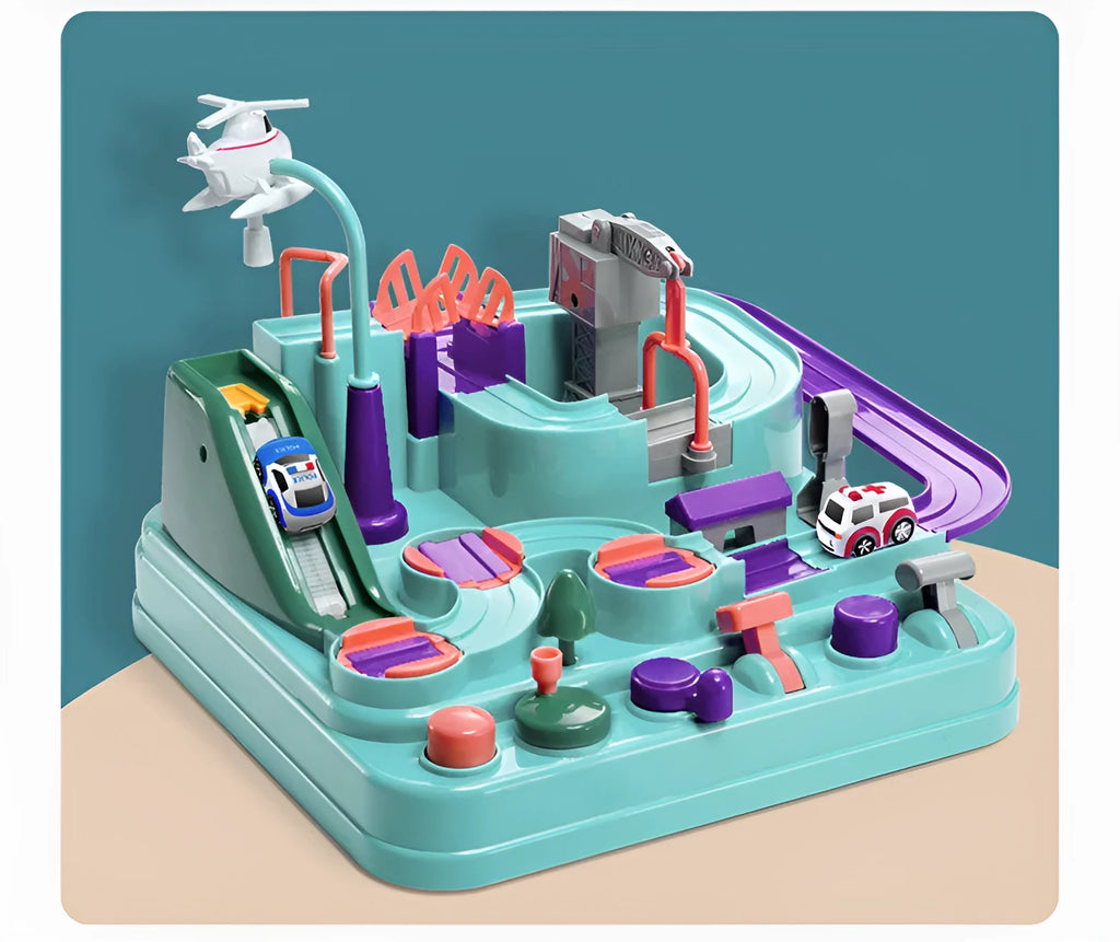 Children's plastic parking lot toy track with crane, conveyor belt, and included vehicles