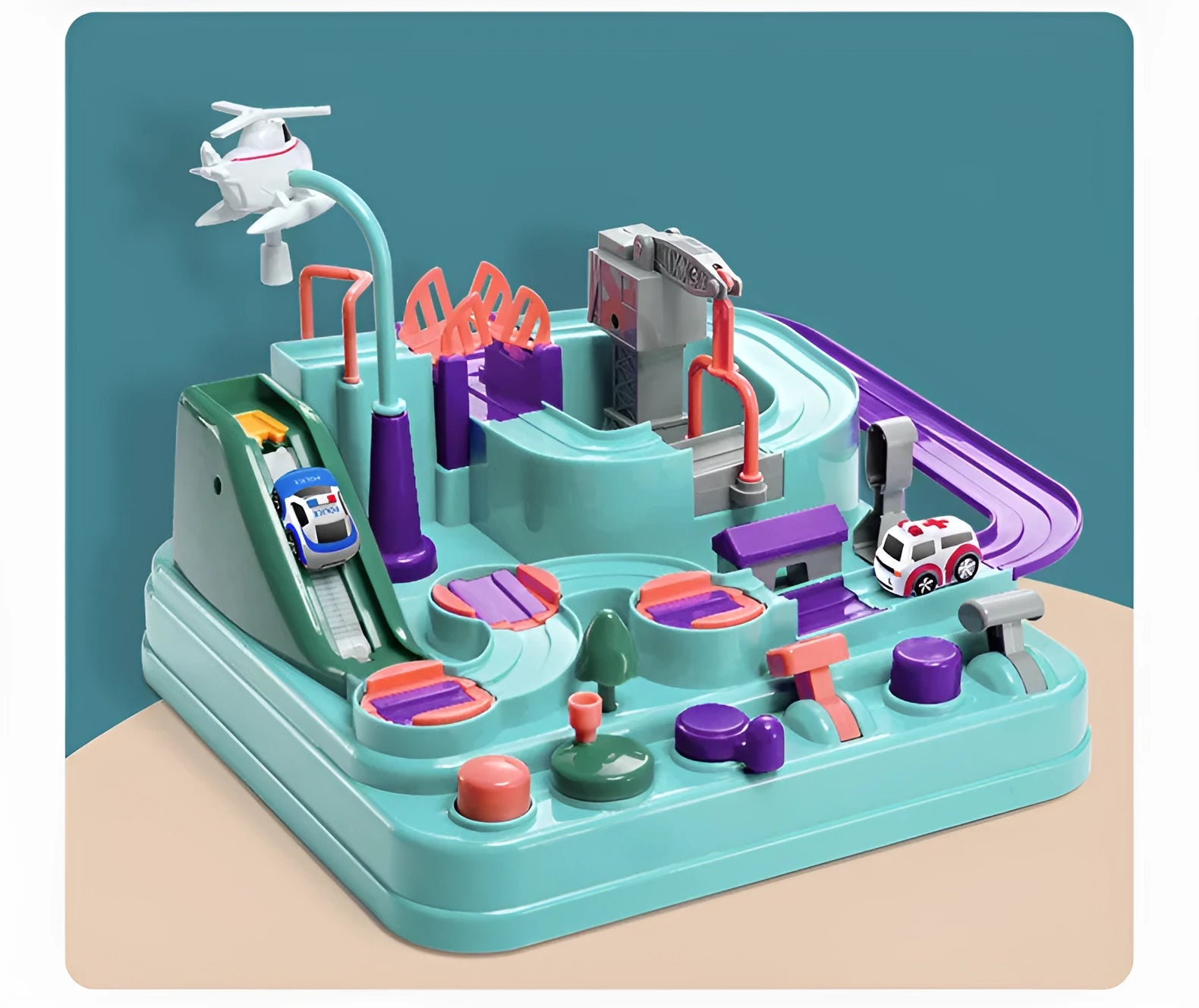 Children's plastic parking lot toy track with crane, conveyor belt, and included vehicles